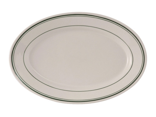 Tuxton TGB-043 Ceramic American White/Eggshell With Green Band Oval / Oblong Platter (1 Dozen)