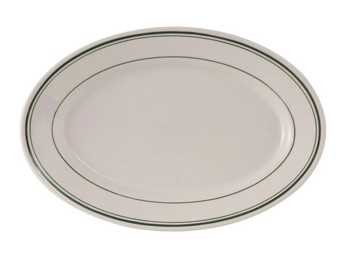Tuxton TGB-043 Ceramic American White/Eggshell With Green Band Oval / Oblong Platter (1 Dozen)