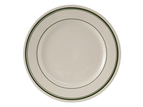 Tuxton TGB-016 10-1/2" Ceramic American White/Eggshell With Green Band Round Plate (1 Dozen)