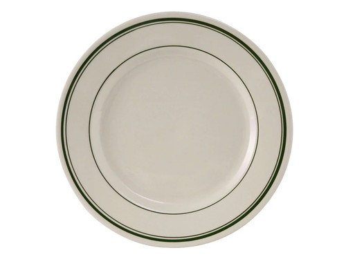 Tuxton TGB-016 10-1/2" Ceramic American White/Eggshell With Green Band Round Plate (1 Dozen)
