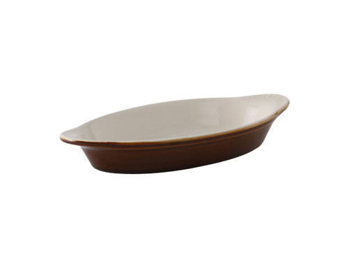Tuxton B1N-120 12 Oz. Ceramic Caramel/Eggshell Oval / Oblong Welsh Rarebit (1 Dozen)