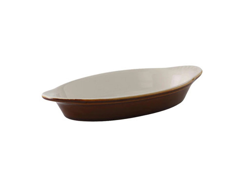 Tuxton B1N-120 12 Oz. Ceramic Caramel/Eggshell Oval / Oblong Welsh Rarebit (1 Dozen)