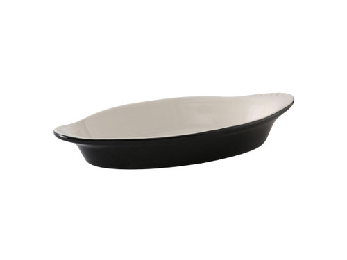 Tuxton B4N-150 17 Oz. Ceramic Black/Eggshell Oval Welsh Rarebit (1 Dozen)