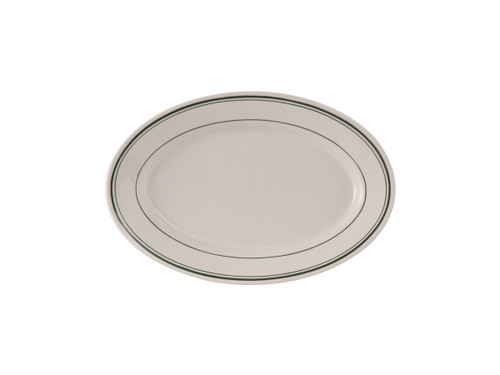 Tuxton TGB-026 Ceramic American White/Eggshell With Green Band Oval Platter (3 Dozen Per Case)