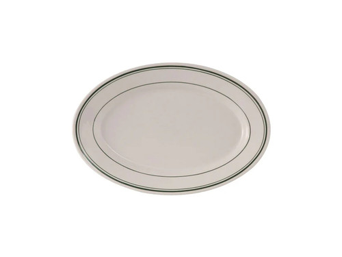 Tuxton TGB-026 Ceramic American White/Eggshell With Green Band Oval Platter (3 Dozen Per Case)