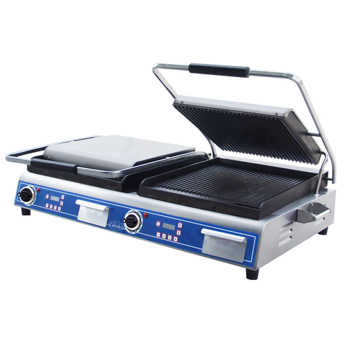 Globe GPGDUE14D 27" W Stainless Steel Dual Top Plate Electric Countertop Sandwich and Panini Grill - 208-240 Volts