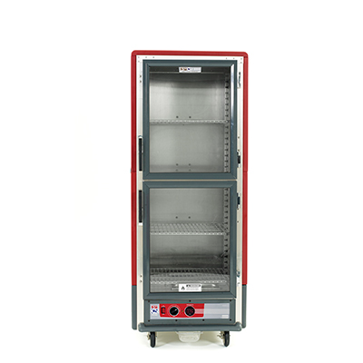 Metro C539-HLDC-S C5 3 Series Red Full-Size Insulated Low Wattage Heated Holding Cabinet with Clear Dutch Doors and 4 Adjustable Wire Shelves - 120V