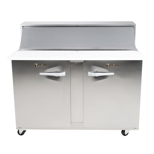 Traulsen UPT4808LR-0300 48" W Two-Section Reach-In Dealer's Choice Compact Prep Table Refrigerator with roll-top lid which serves as an overshelf