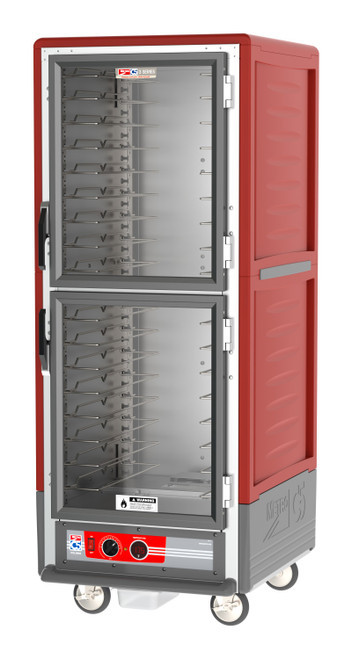 Metro C539-HLDC-U C5 3 Series Red Full-Size Insulated Low Wattage Heated Holding Cabinet with Clear Dutch Doors and Universal Wire Slides - 120V