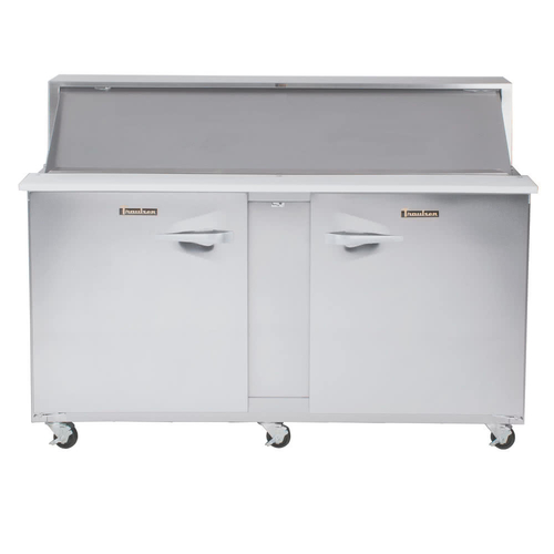 Traulsen UPT7230-LR-SB 72" W Two-Section Reach-In Dealer's Choice Compact Prep Table Refrigerator with roll-top lid which serves as an overshelf