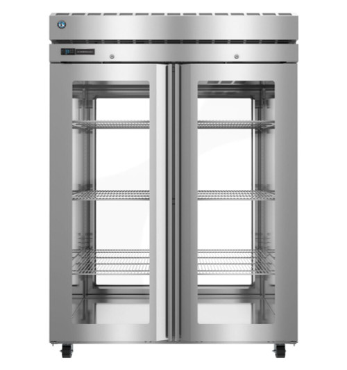 Hoshizaki PT2A-FGE-FGE Steelheart Series 55" W Stainless Steel Two-Section Full Height Hinged Glass Door Pass-Thru Refrigerator - 115 Volts