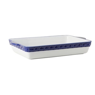 Tuxton EAC-201 6-1/4 qt Porcelain Porcelain White With Cobalt Band Rectangular Casserole Dish (2 Each Per Case)
