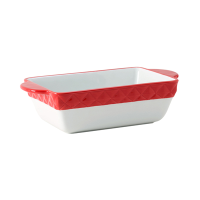 Tuxton EAQ-202 1-1/2 qt Porcelain Porcelain White With Cayenne Band Rectangular Casserole Dish (2 Each Per Case)