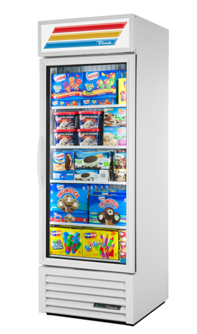 True GDM-23-HC~TSL01 White Aluminum Interior Powder Coated Exterior 1 Low-E thermal Glass Hinged Doors Refrigerated Merchandiser - 115 Volts