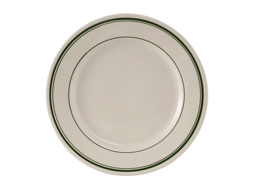 Tuxton TGB-009 9-5/8" Ceramic American White/Eggshell With Green Band Round Plate (2 Dozen Per Case)