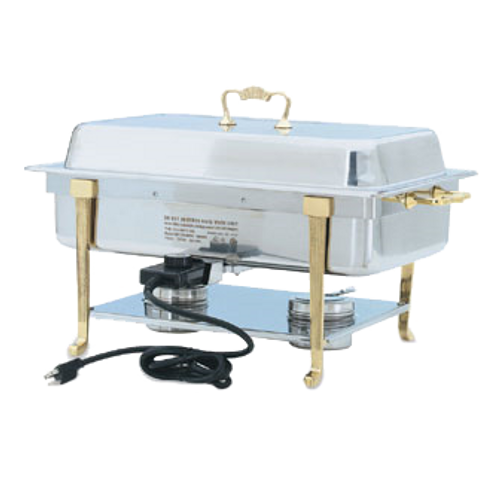 Vollrath 46040-E 9 Qt. Classic Brass Trim Chafer Full Size Electric 120 Volts-Receptacle On Long Side