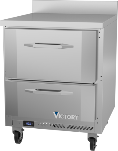 Victory VWFD27HC-2 27"W Two Drawer Stainless Steel Worktop Freezer Counter With 4" High Foamed In Place Backsplash