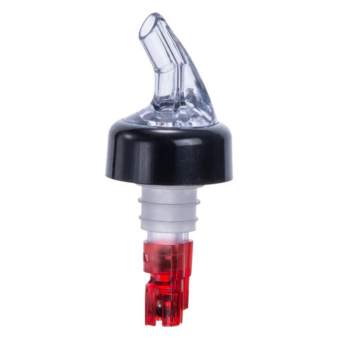 Winco PPA-100 1.5 Oz. Clear Spout / Red Tail Measuring Pourer With Black Collar