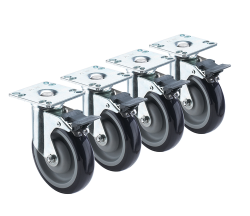 Krowne 28-260S 5" Dia. 3 1/2" x 3 1/2" Plate Swivel With Brake Grease Resistant Heavy Duty Plate Caster With Front Brake (Set Of 4)