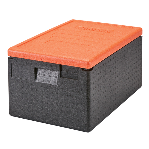 Cambro EPP180CLSW363 48.6 Quarts Black With Orange Lid Top Load Cam GoBox Insulated Food Pan Carrier