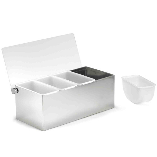TableCraft Products 1603 12" x 5 3/4" x 4 3/4" 1 Pint 4 Compartment Stainless Steel With Acrylic Lid Condiment Holder