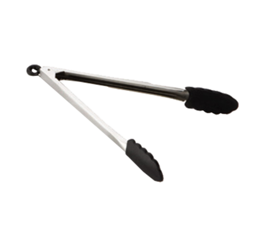 TableCraft Products 4012BK 12" Stainless Steel Heat Resistant Locking Tongs With Black Silicone Tip