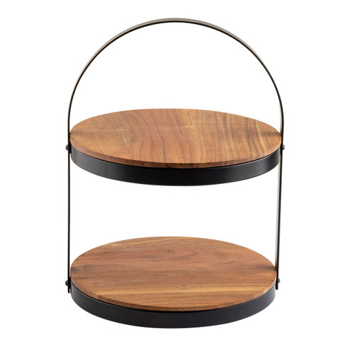 TableCraft Products 10719 12" x 11-2/5" x 16" Two-Tier Round Collapsible Acacia Wood Black Powder Coated Metal Frame Display Stand