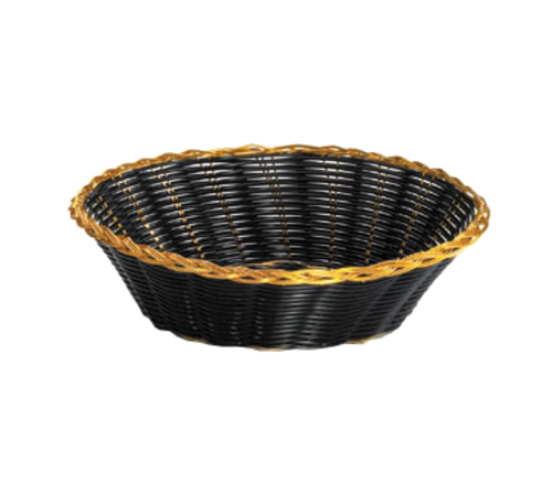TableCraft Products 875B 8" Dia. x 2" H Round Black Vinyl Hand Woven Basket With Gold Metal Trim