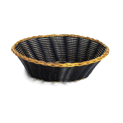 TableCraft Products 875B 8" Dia. x 2" H Round Black Vinyl Hand Woven Basket With Gold Metal Trim