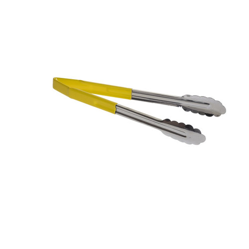 TableCraft Products 3712YEU 12" Spring Steel Yellow Vinyl Coated Tongs