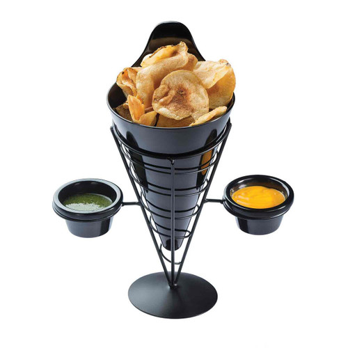 TableCraft Products ACR259 5" W x 9" H Black Powder Coated Metal Vertigo Collection Appetizer Cone Includes 2 Ramekins