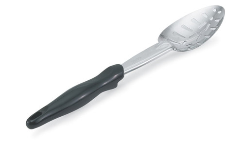 Vollrath 64134 13 13/16" L Slotted Heavy Gauge 18/8 Stainless Steel Ergo Grip Heavy Duty Spoon with Black Nylon Ergonomic Handle
