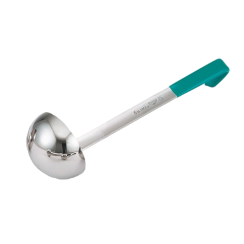 Vollrath 4980655 6 Oz. Heavy Duty 18/8 Stainless Steel 14 Ga 12-3/8" Grooved Hooked Teal Kool-Touch Handle With Satin Finish One-Piece Ladle