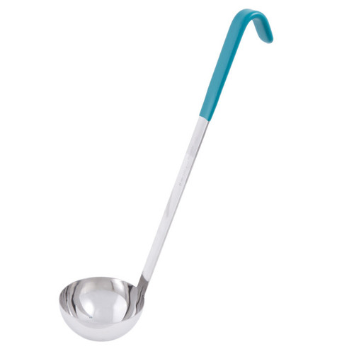Vollrath 4980655 6 Oz. Heavy Duty 18/8 Stainless Steel 14 Ga 12-3/8" Grooved Hooked Teal Kool-Touch Handle with Satin Finish One-Piece Ladle