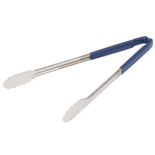 Vollrath 4781630 16" W Scalloped Teeth Springless Design Stainless Steel Blue Ergonomic Antimicrobial Kool-Touch Handle One-Piece Utility Tongs