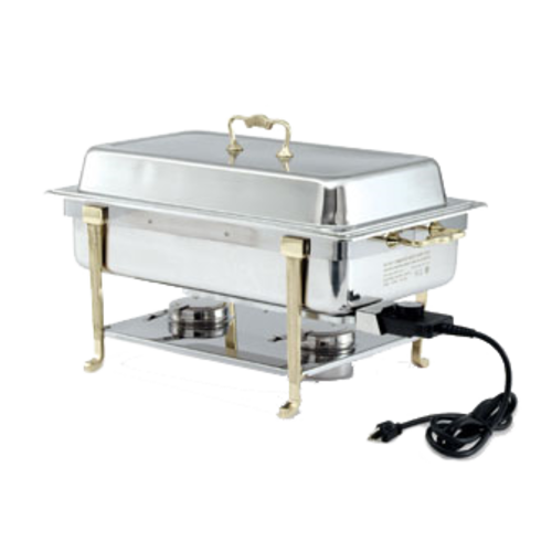 Vollrath 46045 9 Qt. Stainless Steel Electric Chafer Classic Design Full-Size Brass Trim