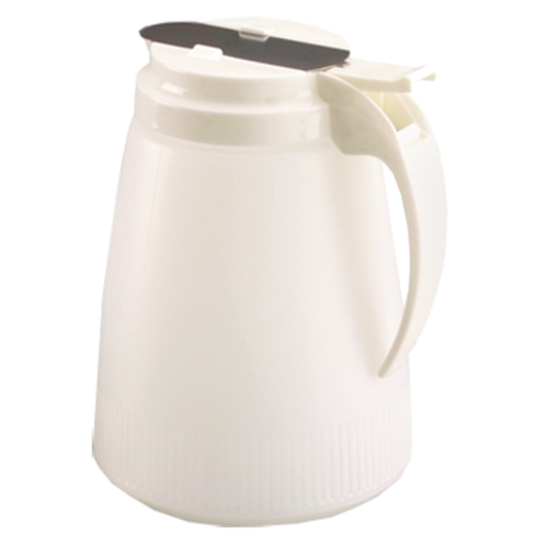 Vollrath 4748-05 48 Oz. 7 1/4" H 5" Bottom Diameter 2 3/4" Jar Opening White Polyethylene Jar With Graduated Markings White Plastic Top Dripcut Syrup Server (6 Each Per Case)