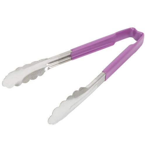Vollrath 4780980 9.5" W Scalloped Teeth Springless Design Stainless Steel Purple Ergonomic Antimicrobial Kool-Touch Handle One-Piece Utility Tongs