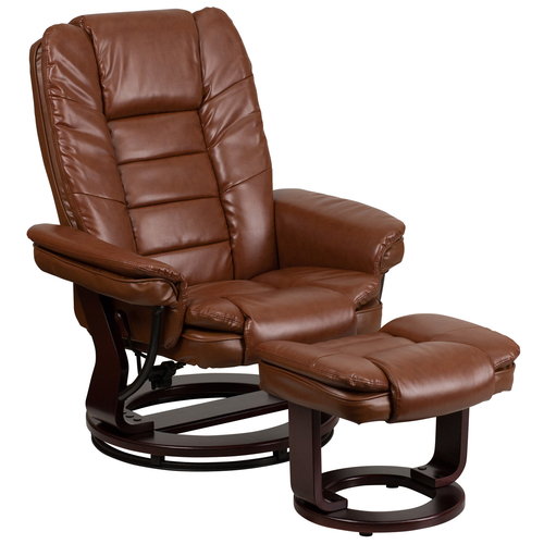 Flash Furniture BT-7818-VIN-GG 32-3/4"W x 32" - 40"D x 41"H Swivel Recliner Contemporary Multi-Position With Horizontal Stitching And Ottoman with Mahogany Wood Base in Brown Vintage Leather