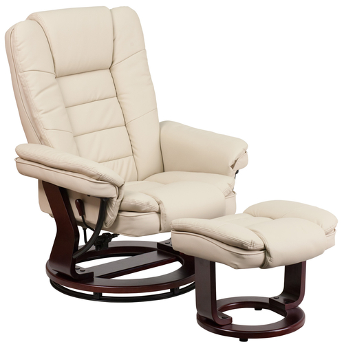 Flash Furniture BT-7818-BGE-GG 32-3/4"W x 32" - 40"D x 41"H Swivel Recliner Contemporary Multi-Position with Horizontal Stitching and Ottoman With Mahogany Wood Base in Beige LeatherSoft