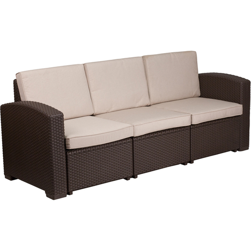 Flash Furniture DAD-SF1-3-GG 78-1/2"W x 28"D x 32"H Outdoor Sofa Chocolate Brown Faux Rattan With All-Weather Beige Cushions