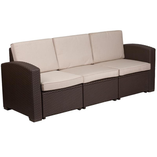 Flash Furniture DAD-SF1-3-GG 78-1/2"W x 28"D x 32"H Outdoor Sofa Chocolate Brown Faux Rattan With All-Weather Beige Cushions