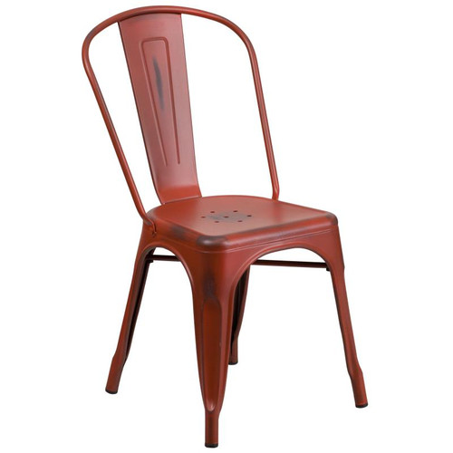 Flash Furniture ET-3534-RD-GG 500 Lb. Red Curved Back With Vertical Slat Drain Holes In Seat Distressed Metal Powder Coat Finish Chair