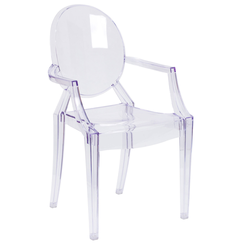 Flash Furniture FH-124-APC-CLR-GG 400 Lb. Transparent Crystal Molded Polycarbonate Rubber Floor Glides Plain Back Curved Arms Contoured Seat Ghost Chair