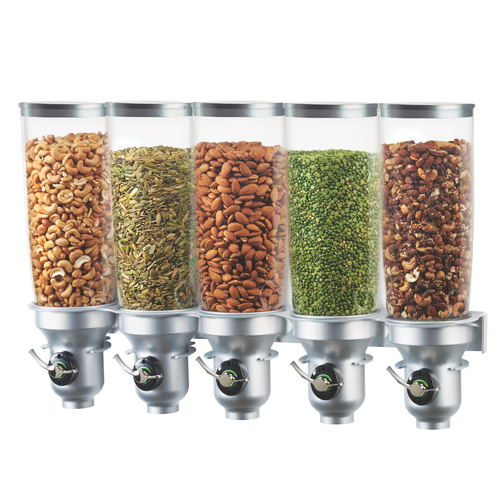Cal-Mil 3518-5-39FF 40" W x 6 1/2" D x 19 3/4" H 5 L. 5 Dispensers Platinum Wall Mount Cereal Dispenser