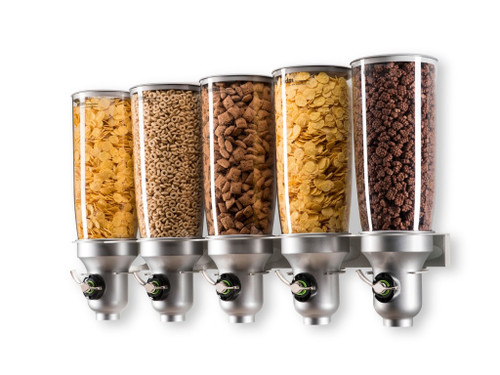 Cal-Mil 3518-5-39FF 40" W x 6 1/2" D x 19 3/4" H 5 L. 5 Dispensers Platinum Wall Mount Cereal Dispenser