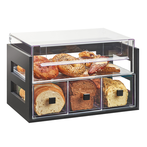 Cal-Mil 3624-96 20 1/4" W x 12 3/4" D x 13 1/4" H (3) Drawers With Knobs (1) Bin With Handles Acrylic Body Side Cutouts Midnight Bamboo Bread Display Case
