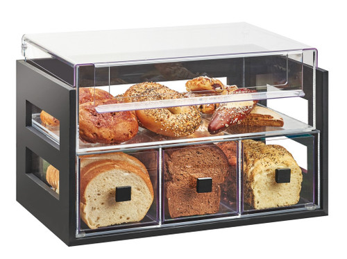 Cal-Mil 3624-96 20 1/4" W x 12 3/4" D x 13 1/4" H (3) Drawers With Knobs (1) Bin With Handles Acrylic Body Side Cutouts Midnight Bamboo Bread Display Case