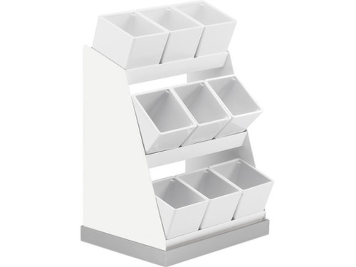 Cal-Mil 3018-55-15 12-1/4" W x 9" D x 15-1/2" H 3-tier (9) White Melamine Jars Stainless Steel Base and White Metal Frame Luxe Condiment Display