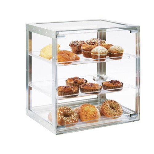 Cal-Mil 3413-55 19-1/4" W x 14-1/4" D x 19-1/4" H Clear Body Stainless Steel Frame 3-Tier Dual Serve Urban Bakery Case